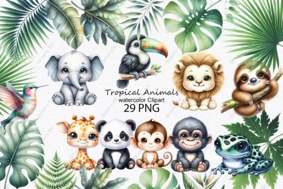 Elevating Creative Projects with Tropical Animals Watercolor Clipart