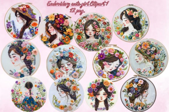 Embroidery Cute Girl Clipart: Design Applications