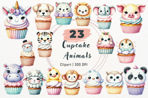 Watercolour Cute Cupcake Animals Clipart: Blending Whimsy with Professional Design